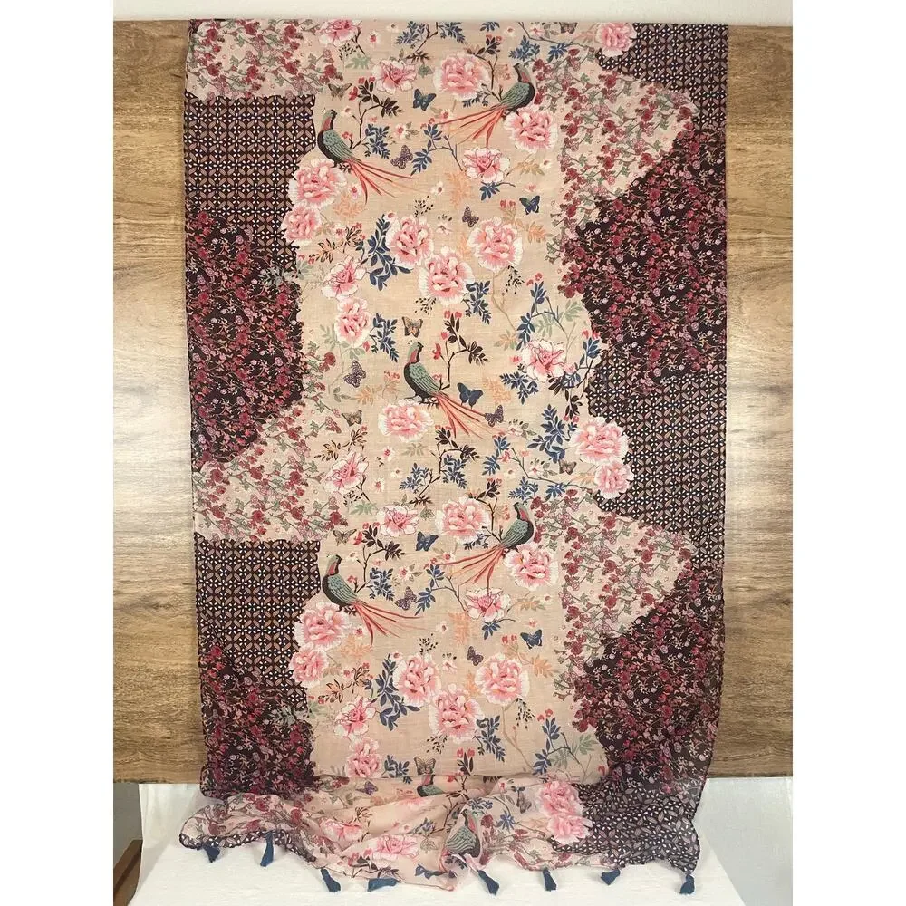 Pool To Party Subtle Luxury Sarong Scarf One Size Floral Peacock Tassel Wrap